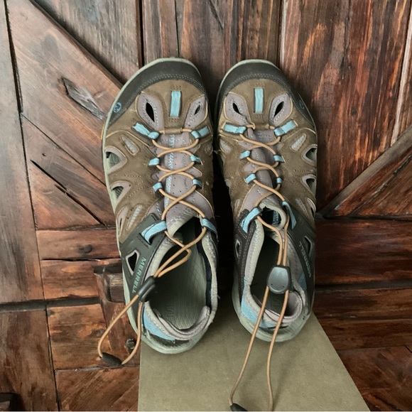 Merrell Vibram Unifly Shoes 10.5 Women’s Brown Blue Sandals Hike Camp Water - Picture 2 of 5